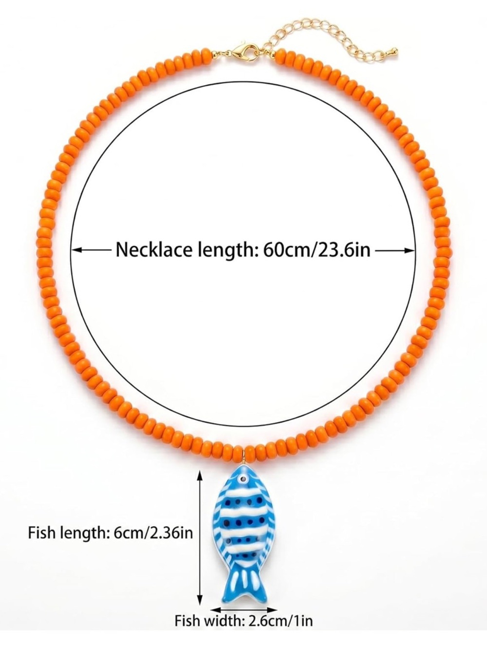 Coastal Orange Beaded Necklace with Blue Striped Fish Pendant - Picture 3 of 6